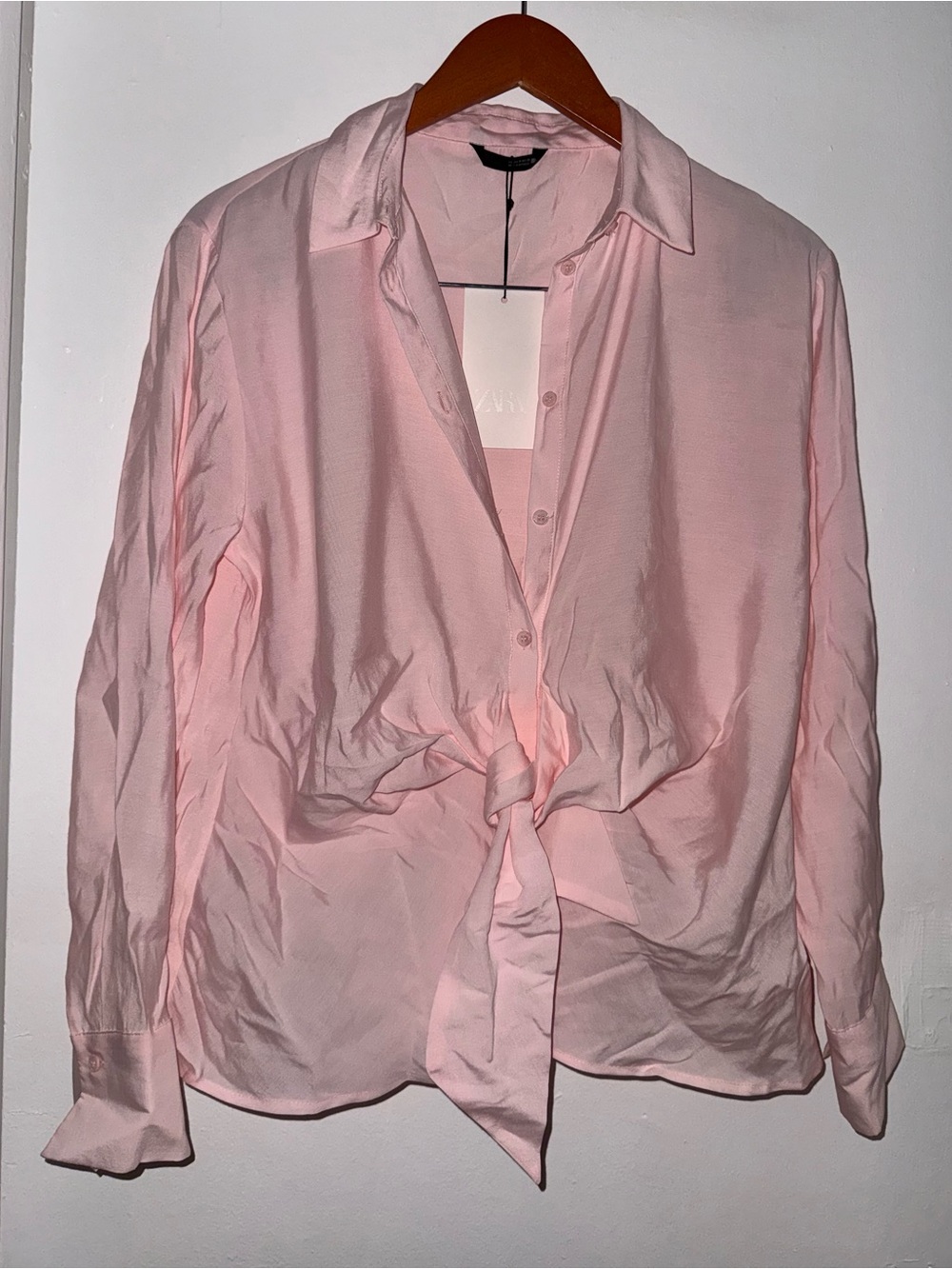 Zara Light Pink Tie-Front Button Down Shirt